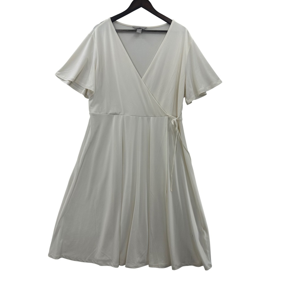 H&M Wrap Dress Womens XL Cream Excellent Short Flutter Sleeve V-Neck Midi Tie